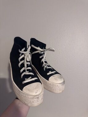 Black Platform High-Top Sneakers with White Bread Laces